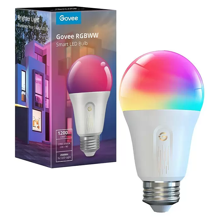 Govee Smart-LED-Lampe H6009 - E27, Dimmbar, RGBW, 1.200 lm, 12 W - Govee RGBWW Smart LED Glühbirne, weiße Basis mit mehrfarbigem Licht, mit Verpackung.