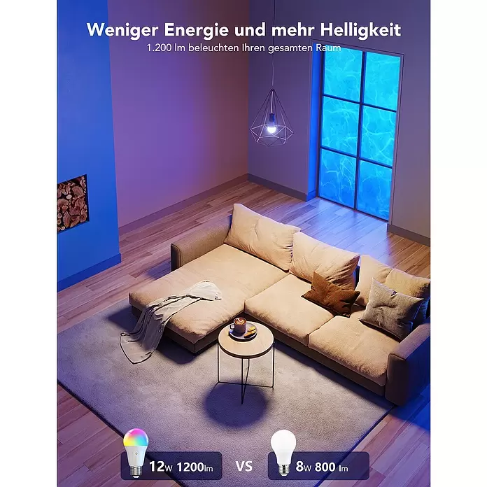 Govee Smart-LED-Lampe H6009 - E27, Dimmbar, RGBW, 1.200 lm, 12 W - Smarte LED-Glühbirne im Wohnzimmer, demonstriert 1200 lm Helligkeit und Energieeffizienz (12W vs 8W).