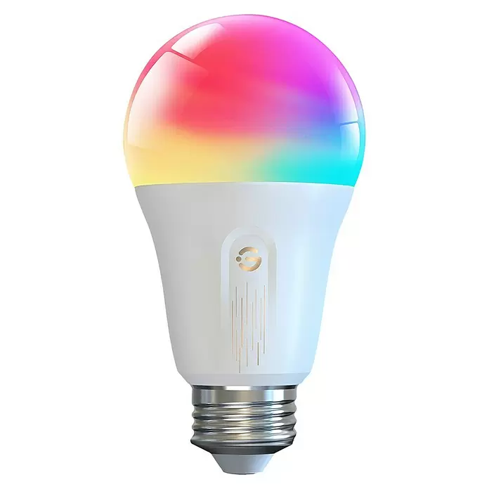 Govee Smart-LED-Lampe H6009 - E27, Dimmbar, RGBW, 1.200 lm, 12 W - Eine bunte smarte LED-Glühbirne mit einem Regenbogen-Farbverlauf und weißem Sockel für eine Standardschraubfassung.