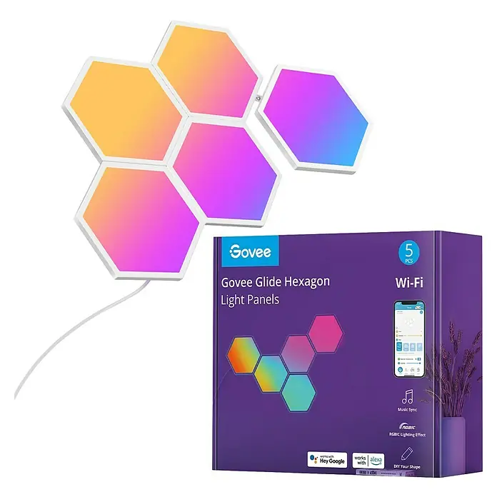 Govee Starterkit Glide Hexa Light Panels B6061 - Weiß - Produktaufnahme der Govee Glide Hexagon Light Panels, ein intelligentes Beleuchtungssystem mit anpassbaren RGBIC-Lichteffekten und Wi-Fi-Steuerung.