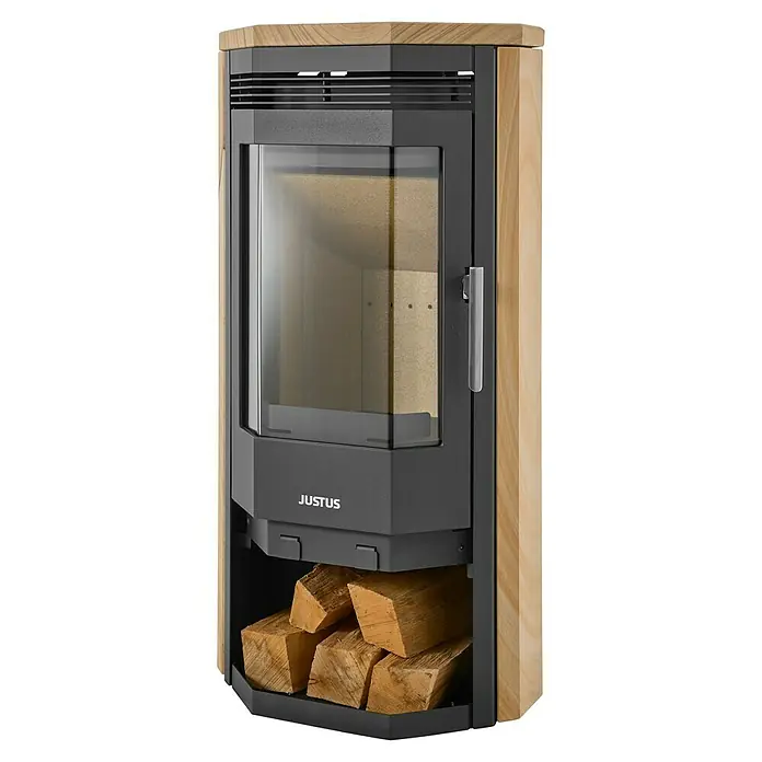 Justus Kaminofen Usedom 5 II - 5,5 kW, Raumheizvermögen: 88 m³, Material Verkleidung: Sandstein, Sandstein/Schwarz - Ein Justus Kaminofen mit Holzfach, elegant und funktional, ideal für gemütliche Stunden.