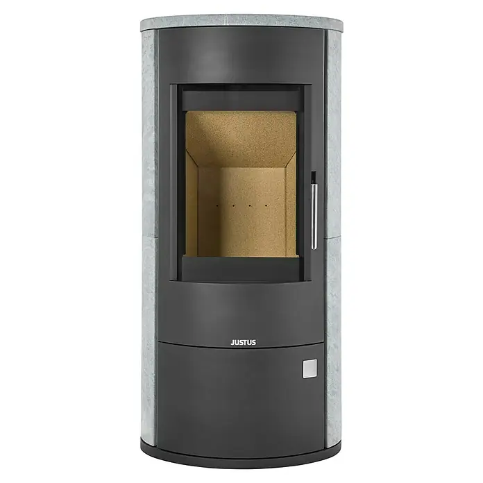 Justus Kaminofen Austin 7 - 7 kW, Raumheizvermögen: 144 m³, Material Verkleidung: Speckstein, Schwarz/Speckstein - Der Justus Kaminofen: Ein schlanker, zylindrischer Ofen mit grauer Verkleidung und Marmor Akzenten, ideal für moderne Wohnräume.