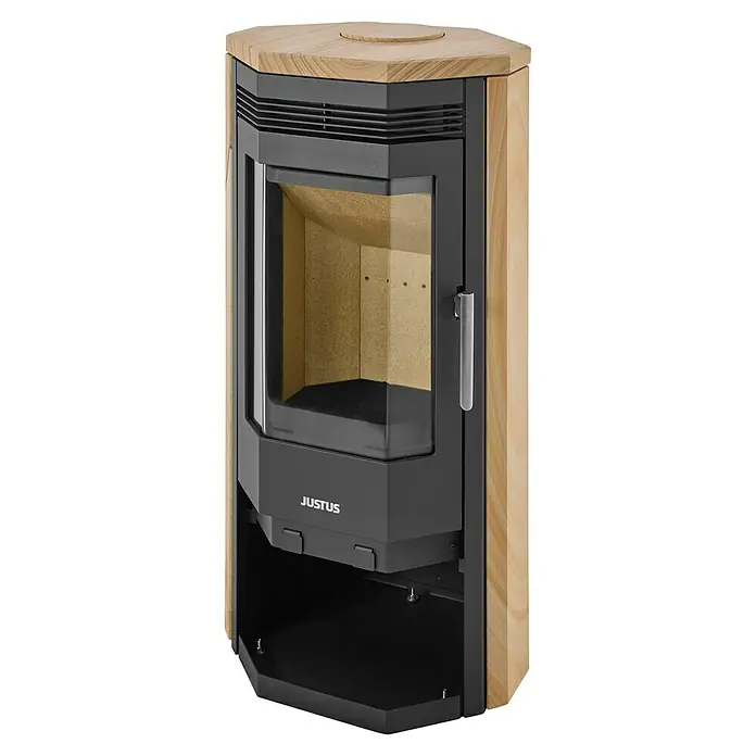 Justus Kaminofen Usedom 5 II - 5,5 kW, Raumheizvermögen: 88 m³, Material Verkleidung: Sandstein, Sandstein/Schwarz - Der Justus Kaminofen bietet effiziente Wärme und ein modernes Design. Eine stilvolle Ergänzung für jedes Zuhause.