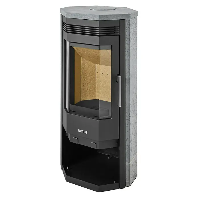 Justus Kaminofen Usedom 5 II - 5,5 kW, Raumheizvermögen: 88 m³, Material Verkleidung: Speckstein, Schwarz/Speckstein - Der Justus Kaminofen mit seinem modernen Design und der grossen Glasfront für eine optimale Sicht auf das Feuer.