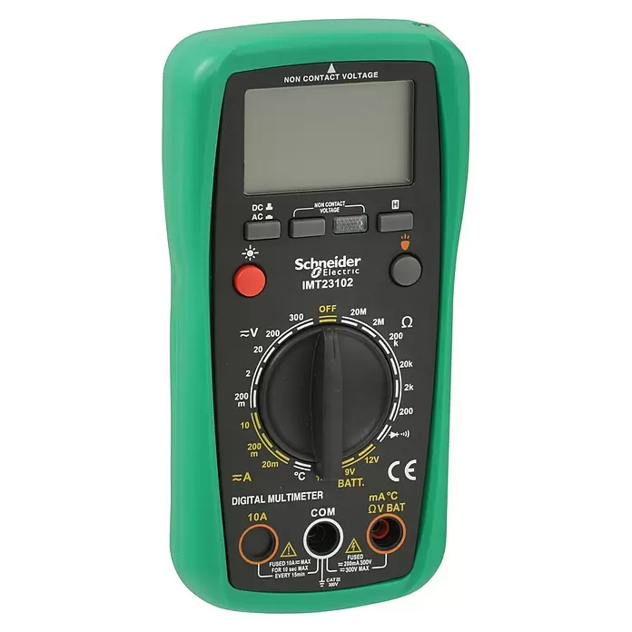 Thorsman Digital-Multimeter IMT23202 - Messkategorie: CAT III 300 V - Grünes und schwarzes Schneider Electric IMT23102 Digitalmultimeter zum Messen elektrischer Werte.