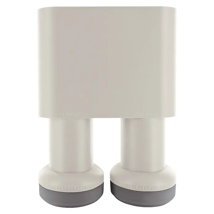 Schwaiger Quad LNB Monoblock - 23 mm - 40 mm, Hellgrau - Abbildung eines LNB-Monoblocks für Satellitenempfang von Astra 19.2° und Hotbird 13°, ein unverzichtbares Gerät für den Satellitenempfang.