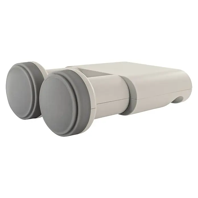 Schwaiger Quad LNB Monoblock - 23 mm - 40 mm, Hellgrau - Nahaufnahme eines Twin-LNB für Satellitenempfang, das hochwertige Signale für zwei Receiver liefert. Perfekt für störungsfreies Fernsehen.
