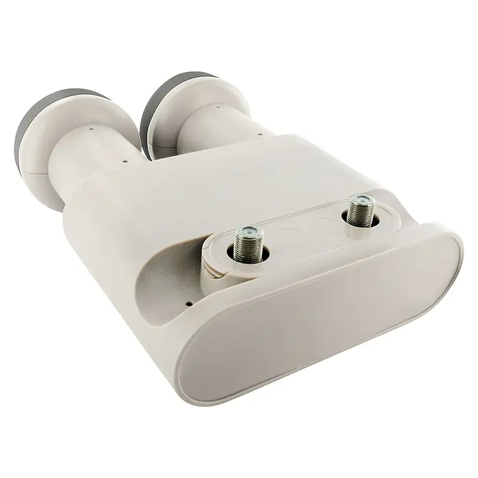 Schwaiger Monoblock Twin-LNB - 23 mm - 40 mm, Hellgrau - Nahaufnahme eines Twin-LNB für Satellitenempfang mit zwei F-Anschlüssen zur Signalübertragung, ideal für digitale TV- und Radioübertragung.