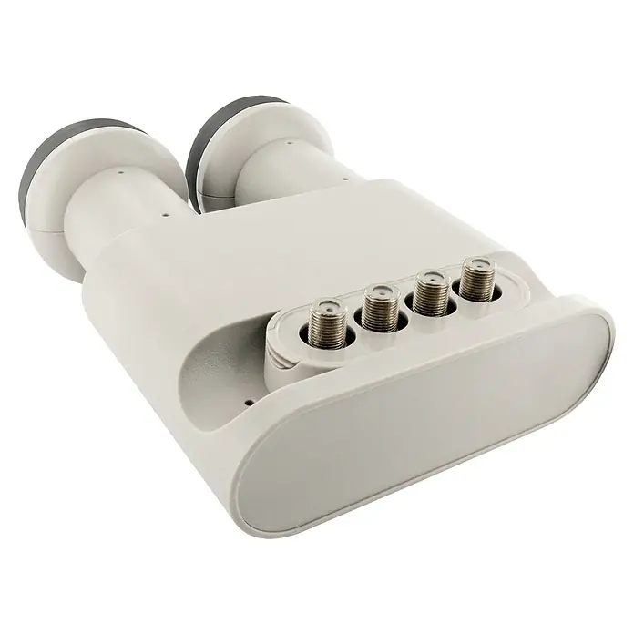 Schwaiger Quad LNB Monoblock - 23 mm - 40 mm, Hellgrau - Nahaufnahme einer Satellitenantenne mit vier Anschlüssen. Sie ist weiß und hat eine saubere, moderne Optik für optimalen Signalempfang.