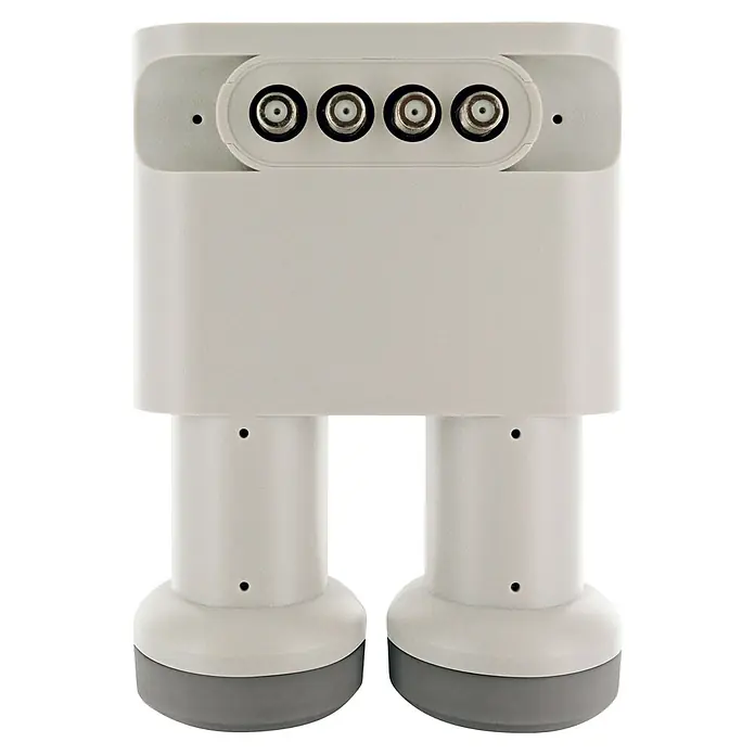 Schwaiger Quad LNB Monoblock - 23 mm - 40 mm, Hellgrau - Nahaufnahme einer weißen Antenne mit vier Anschlüssen und zwei Stützen. Ideal für den Empfang von Satellitensignalen.