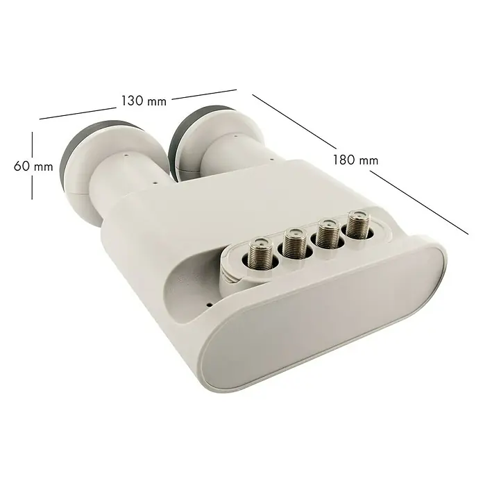 Schwaiger Quad LNB Monoblock - 23 mm - 40 mm, Hellgrau - Satelliten-LNB mit vier Anschlüssen und den Maßen 130 mm Breite, 60 mm Höhe und 180 mm Länge für optimalen Empfang.