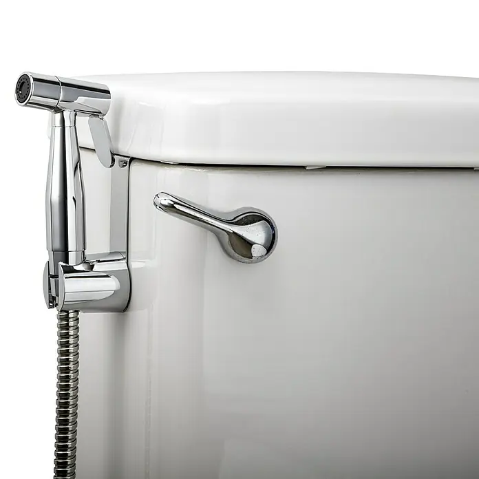 Rousseau Ducha higiénica inodoro Easy - Plata - Un primer plano de un inodoro con un accesorio de bidé, fijado al costado de la taza del inodoro.