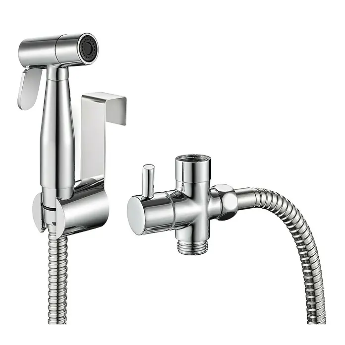Rousseau Ducha higiénica inodoro Easy - Plata - Rociador de bidé cromado con soporte y adaptador de válvula en T para una fácil instalación y limpieza higiénica.