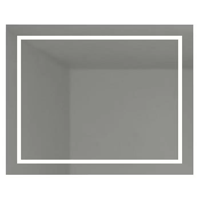 Camargue Lichtspiegel Linnea - 100 x 70 cm, Leuchtmittel - Eleganter weiß gerahmter Spiegel, der einen verschwommenen grauen Innenraum widerspiegelt.