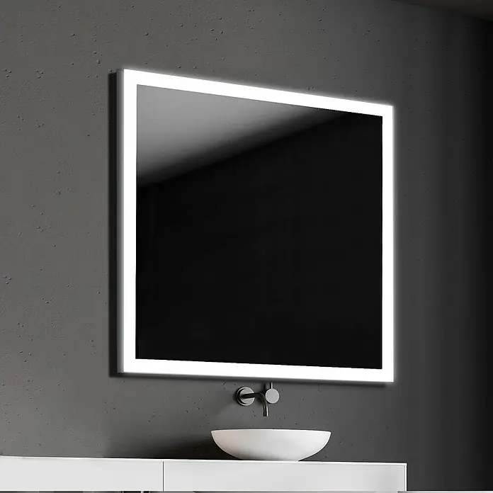 Camargue Lichtspiegel Etna - 80 x 70 cm, Silber, Leuchtmittel - Modern beleuchteter Spiegel über einem stilvollen Waschbecken. Das minimalistische Design passt perfekt in ein modernes Badezimmer.