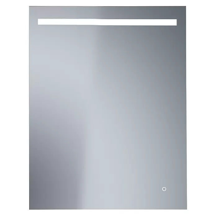 Camargue Lichtspiegel Eco One - 60 x 70 cm, Sensor - Rechteckiger LED-Spiegel mit beleuchtetem Streifen oben und Touch-Sensor-Taste unten rechts.