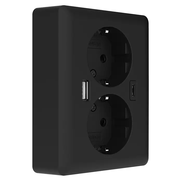 Doppelsteckdose mit USB - Schwarz matt, Matt, Kunststoff, Unterputzmontage - Nahaufnahme einer schwarzen Doppelsteckdose mit zwei USB-Anschlüssen, die moderne Funktionalität und elegantes Design vereint.