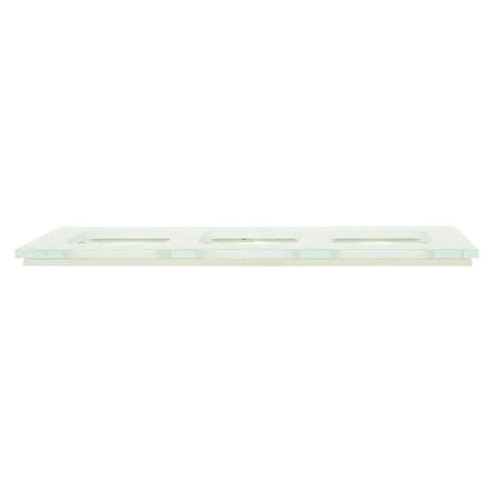 Glas-Abdeckrahmen - Mint glänzend, 3-fach, Passend für: Busch-Jaeger Serien Busch-Duro2000® SI & Reflex SI - Die Nahaufnahme zeigt eine flache, rechteckige LED-Panelleuchte mit drei abgerundeten Lichtausschnitten, ideal für moderne Innenräume.