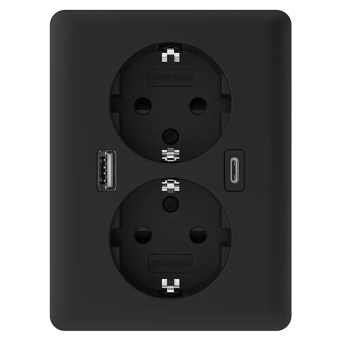 Doppelsteckdose mit USB - Schwarz matt, Matt, Kunststoff, Unterputzmontage - Schwarze Steckdose mit zwei Steckplätzen, einem USB-A- und einem USB-C-Anschluss zur Stromversorgung verschiedener Geräte.