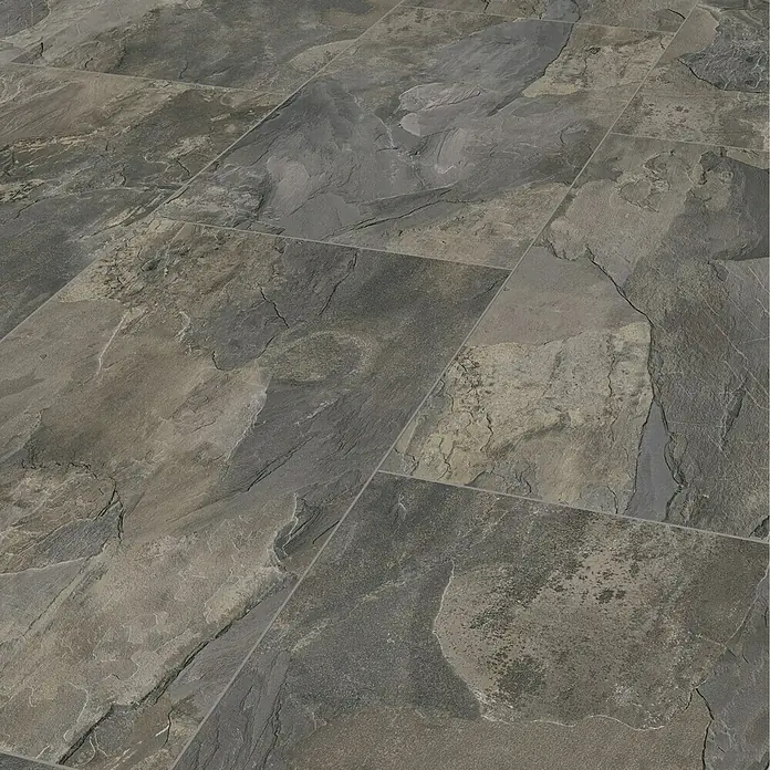 LOGOCLIC Ceramico Laminat Silent - Ceramico, Fliese, 638 x 330 x 8 mm - Detailaufnahme von Bodenfliesen mit Schiefer-Optik. Die Fliesen präsentieren ein robustes, natürliches Design und eine graue Farbpalette.