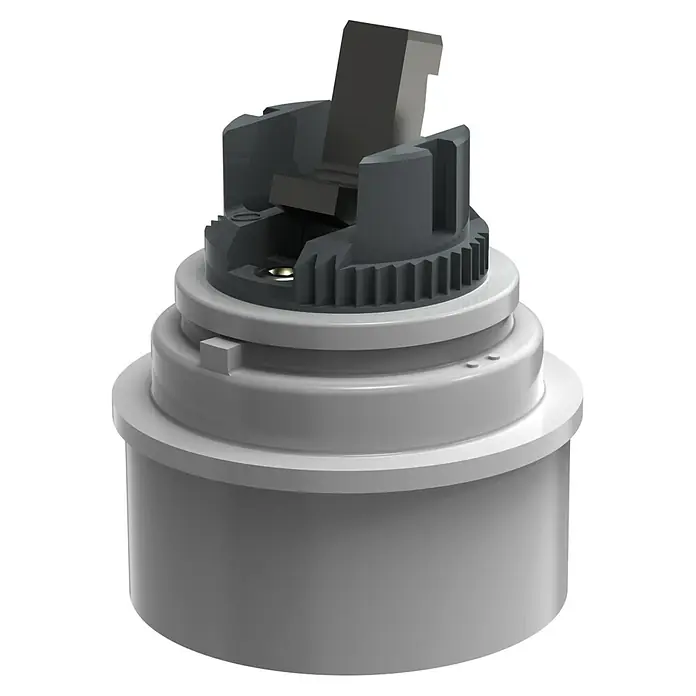 Hansa Steuereinheit Eco - Durchmesser Kartusche: 48 mm - Eine Nahaufnahme eines grauen Ventileinsatzes mit einem schwarzen Aufsatz, der für Sanitärinstallationen verwendet wird.