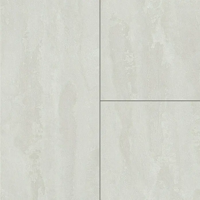 LOGOCLIC Laminatmuster Ceramico Bright Powder - 297 x 195 x 1 mm, Fliesenoptik - Nahaufnahme von hellgrauen, quadratischen Fliesen mit dunklen Fugen, die ein modernes und minimalistisches Design erzeugen.