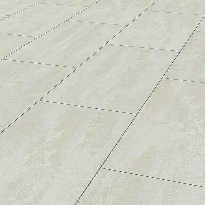 LOGOCLIC Laminatmuster Ceramico Bright Powder - 297 x 195 x 1 mm, Fliesenoptik - Nahaufnahme von eleganten, hellgrauen Bodenfliesen mit feinen Fugen, die ein modernes und stilvolles Ambiente ausstrahlen.
