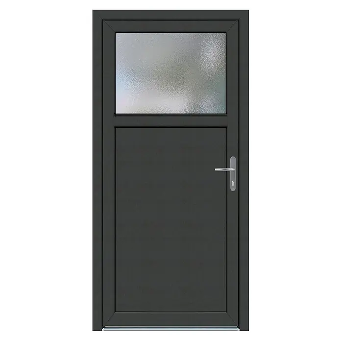 Panto Nebeneingangstür K 504 - 98 x 198 cm, DIN Anschlag: Rechts, Anthrazit/Weiß - Diese moderne Haustür in Anthrazitgrau mit strukturiertem Glasoberlicht bietet Sicherheit und stilvolles Design für Ihr Zuhause.