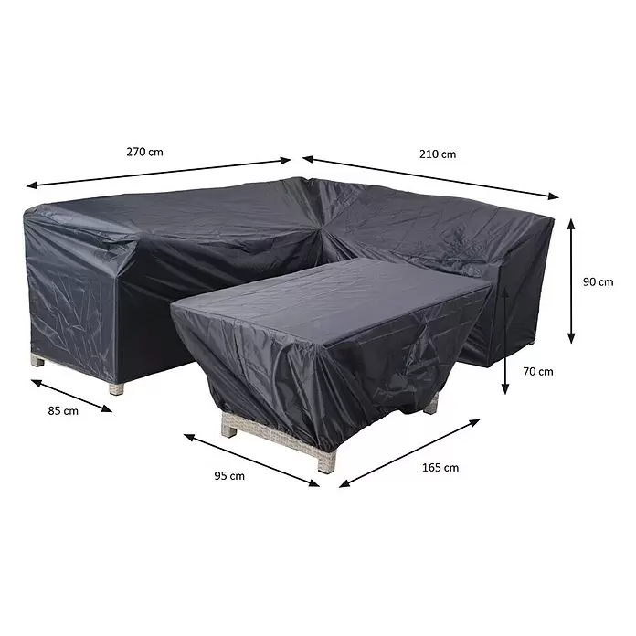 Garden Impressions Sitzgruppen-Schutzhülle - L x B x H: 270 x 85 x 90 cm, 300D Ripstop-PES-Oxford, TPU-Beschichtung, Dunkelgrau, Eckloungebank - Schwarze Schutzhülle für L-förmige Lounge-Möbelgruppe und rechteckigen Tisch, mit Maßen.