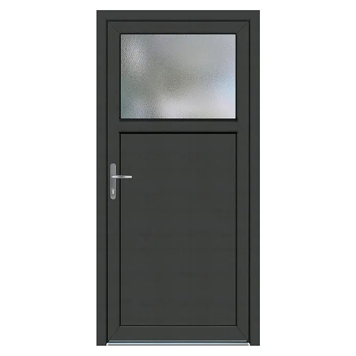 Panto Nebeneingangstür K 504 - 98 x 198 cm, DIN Anschlag: Links, Anthrazit/Weiß - Moderne anthrazitfarbene Haustür mit strukturiertem Glasfenster und Griff. Ideal für stilbewusste Hausbesitzer, die Wert auf Design und Sicherheit legen.