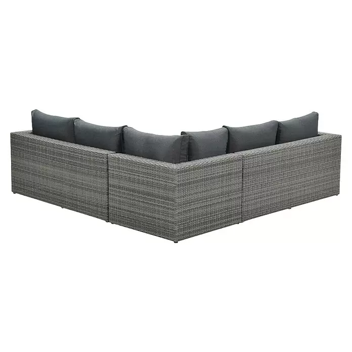Garden Impressions Loungemöbel-Set Orangebird - 4 -tlg., Aluminium, Schwarz/Grau - L-förmiges Outdoor-Sofa mit grauem Korpus aus Polyrattan und dunkelgrauen Kissen.