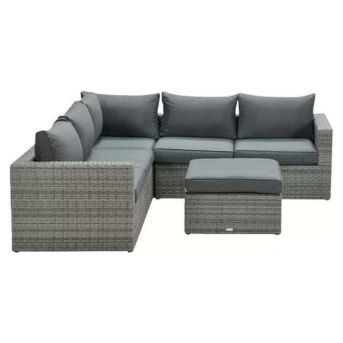 Garden Impressions Loungemöbel-Set Orangebird - 4 -tlg., Aluminium, Schwarz/Grau - Graues Polyrattan-Gartensofa mit dunklen grauen Kissen und passendem Hocker.