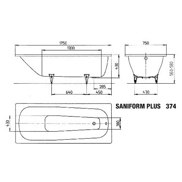 Kaldewei Badewanne Saniform 374175 x 75 cm, Stahl-Email, Alpinweiß Sketch