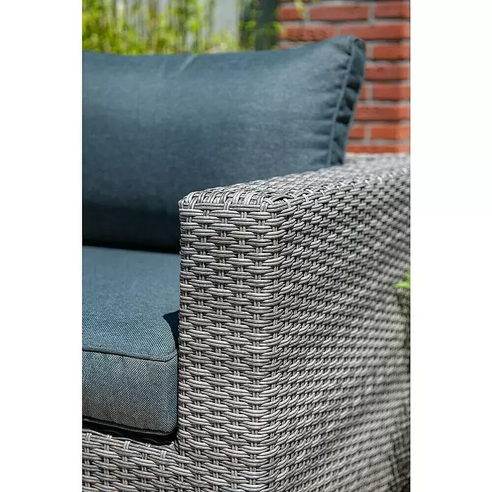 Garden Impressions Loungemöbel-Set Orangebird - 4 -tlg., Aluminium, Schwarz/Grau - Outdoor-Sessel mit grauem Polyrattan-Geflecht und dunkelblauen Kissen.