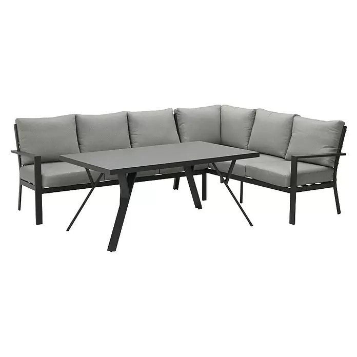 Garden Impressions Loungemöbel-Set Sergio - 3 -tlg., Aluminium, Links, Schwarz/Grau - Dunkelgraue Outdoor-Eckloungegruppe aus Metall mit hellgrauen Kissen und passendem dunkelgrauen Latten-Couchtisch.