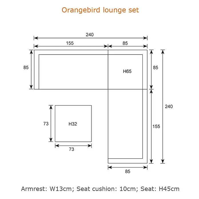 Garden Impressions Loungemöbel-Set Orangebird - 4 -tlg., Aluminium, Schwarz/Grau - Bemaßte Zeichnung eines Orangebird L-förmigen Lounge-Sets mit separatem Hocker, inklusive Gesamt- und Komponentenmaßen.