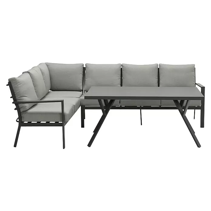 Garden Impressions Loungemöbel-Set Sergio - 3 -tlg., Aluminium, Rechts, Schwarz/Grau - Graues L-förmiges Gartensofa mit Kissen und rechteckigem Tisch, mit dunklem Metallrahmen.