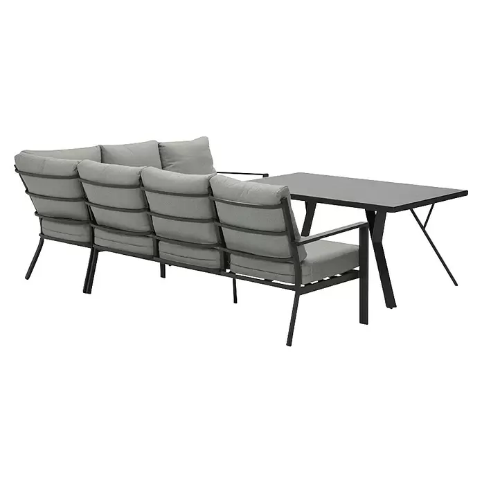 Garden Impressions Loungemöbel-Set Sergio - 3 -tlg., Aluminium, Links, Schwarz/Grau - Outdoor-Lounge-Set mit grauem Dreisitzer-Sofa, dunklem Metallrahmen und passendem dunkelgrauem rechteckigem Tisch.
