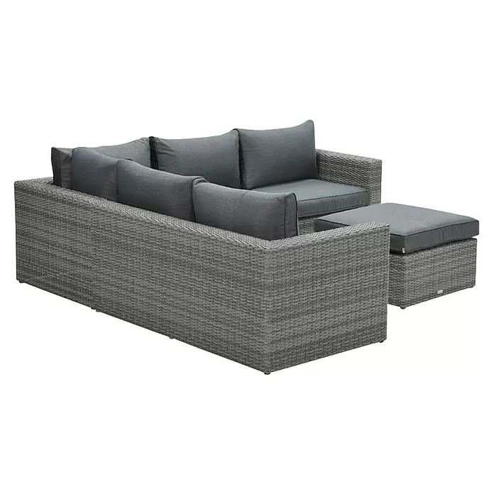 Garden Impressions Loungemöbel-Set Orangebird - 4 -tlg., Aluminium, Schwarz/Grau - Graues Rattan-Outdoor-Lounge-Sofa mit Kissen und passendem Hocker.
