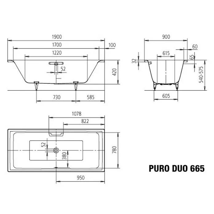 Kaldewei Badewanne Puro Duo 665 - 190 x 90 cm, Stahl-Email, Alpinweiß - Technische Zeichnung der Puro Duo 665 Badewanne mit Maßen, Ansichten von oben, von der Seite und von vorne.