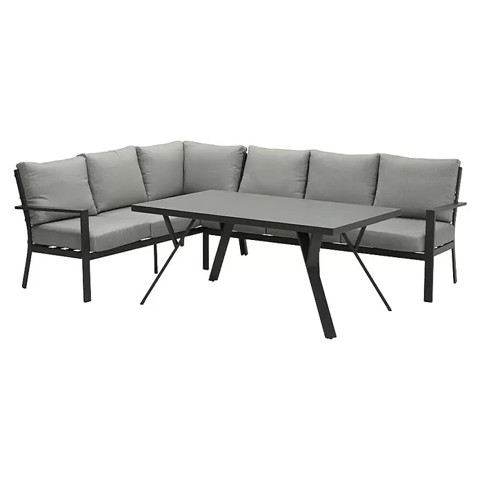 Garden Impressions Loungemöbel-Set Sergio - 3 -tlg., Aluminium, Rechts, Schwarz/Grau - Dunkelgraue Outdoor-Ecksofa mit hellgrauen Kissen und passendem Tisch.