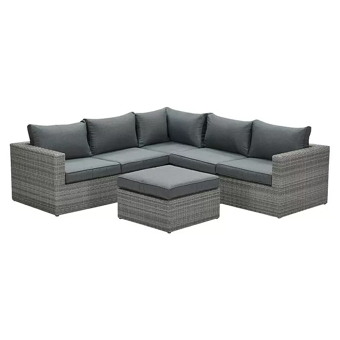 Garden Impressions Loungemöbel-Set Orangebird - 4 -tlg., Aluminium, Schwarz/Grau - Graues Outdoor-Ecksofa aus Korbgeflecht mit dunklen Polstern und passendem Hocker.