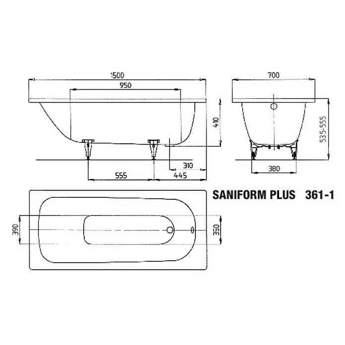Kaldewei Badewanne Saniform Plus 361-1 - 150 x 70 cm, Stahl-Email, Alpinweiß - Technische Zeichnung der Saniform Plus 361-1 Badewanne mit Maßen für Installation und Planung.