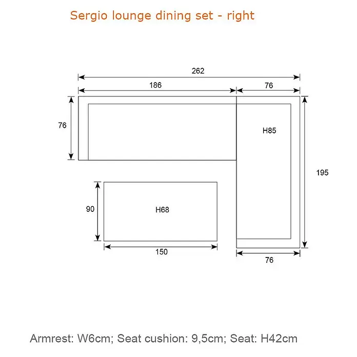 Garden Impressions Loungemöbel-Set Sergio - 3 -tlg., Aluminium, Rechts, Schwarz/Grau - Technische Zeichnung des Sergio Lounge-Ess-Sets rechts, mit L-förmigem Sofa und Tisch, detaillierten Breiten-, Tiefen- und Höhenmaßen.