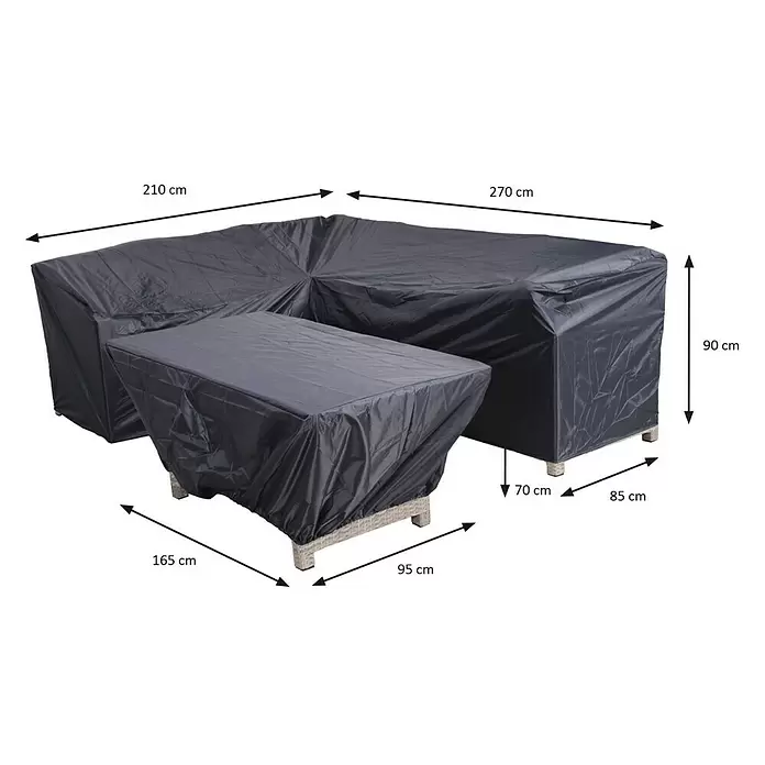 Garden Impressions Sitzgruppen-Schutzhülle - L x B x H: 210 x 85 x 90 cm, 300D Ripstop-PES-Oxford, TPU-Beschichtung, Dunkelgrau, Eckloungebank - Dunkelgraue L-förmige Gartenmöbelabdeckung (270x210x90cm) und Tischabdeckung (165x95x70cm).