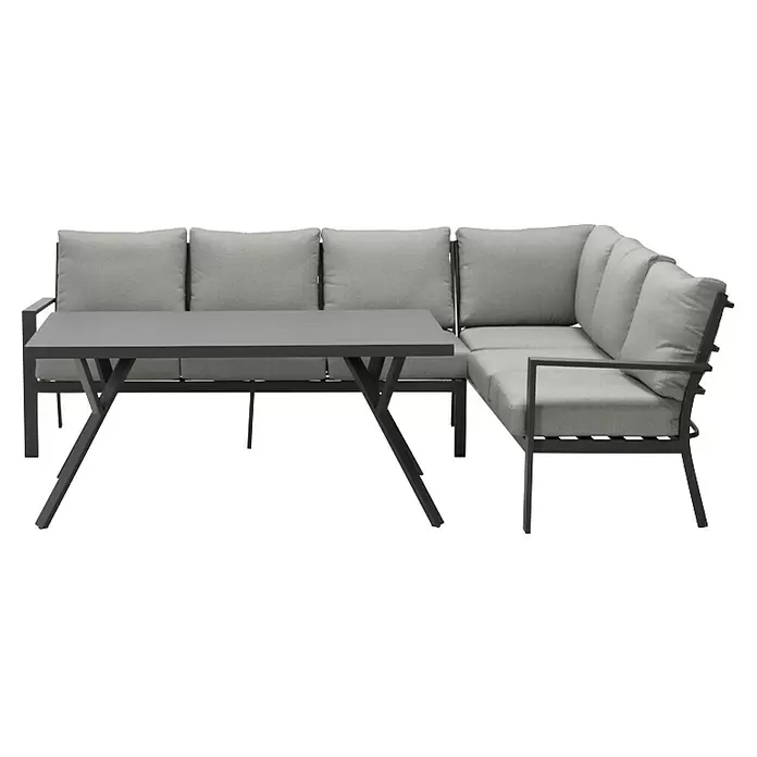 Garden Impressions Loungemöbel-Set Sergio - 3 -tlg., Aluminium, Links, Schwarz/Grau - Dunkelgraues Outdoor-Ecksofa mit hellgrauen Kissen und passendem dunkelgrauem Tisch mit X-Beinen.