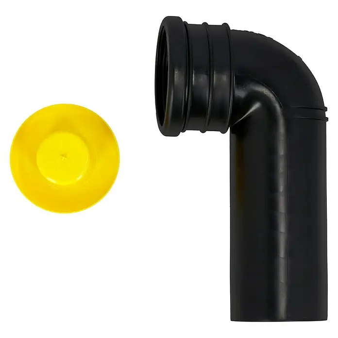 Geberit PE-Bogen - Geeignet für: Wand-WCs, Durchmesser: 90 mm - Ein schwarzes 90-Grad-Abflussrohrbogenstück und ein gelber Verschlussstopfen, ideal für Sanitärinstallationen.