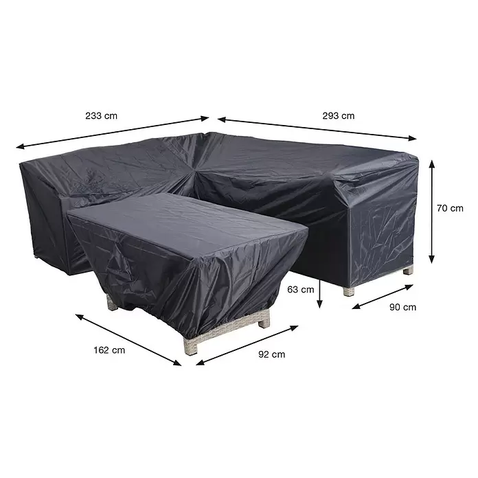 Garden Impressions Sitzgruppen-Schutzhülle - L x B x H: 233 x 293 x 70 cm, 300D Ripstop-PES-Oxford, TPU-Beschichtung, Dunkelgrau - L-förmige Gartenlounge und Tisch, mit dunkelgrauen Schutzhüllen bedeckt, inklusive Maße.