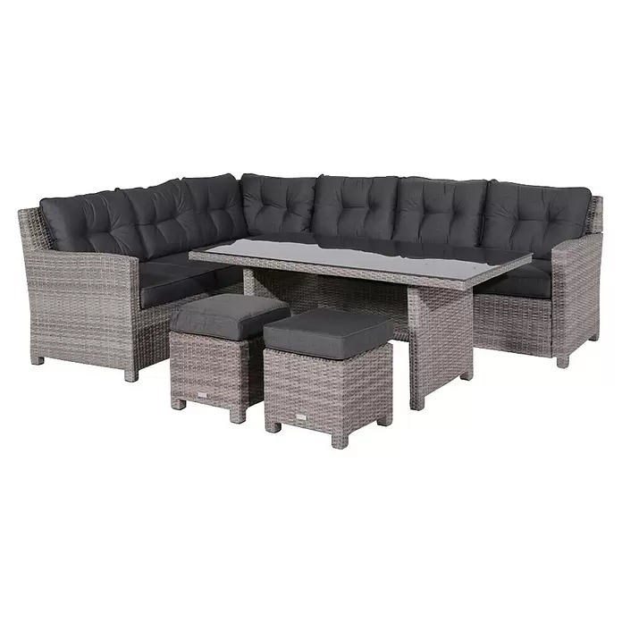 Garden Impressions Loungemöbel-Set Blue Bird - 4 -tlg., Aluminium, Polyester, Glas, Links, Grau - Helles Rattan-Ecksofa-Set mit dunkelgrauen Kissen, Glastisch und zwei Hockern für den Außenbereich.