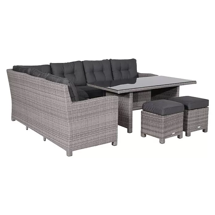 Garden Impressions Loungemöbel-Set Blue Bird - 4 -tlg., Aluminium, Polyester, Glas, Links, Grau - Graues Polyrattan-Ecksofa-Set für den Außenbereich mit grauen Kissen, einem rechteckigen Tisch mit Glasplatte und zwei Hockern.